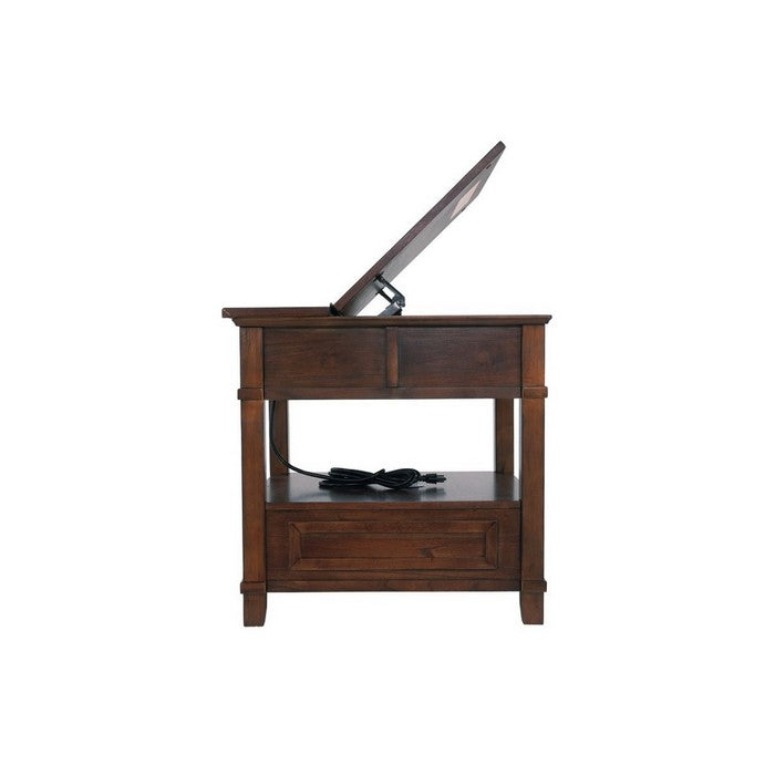 1 Drawer Lift Top End Table with Open Bottom Shelf and Power Hub, Brown