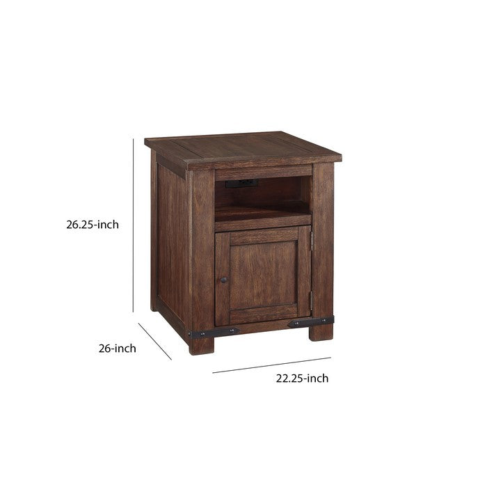 1 Door Wooden End Table with 1 Cubby and Power Hub, Brown