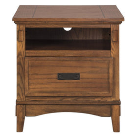 1 Drawer Wooden End Table with 1 Storage Cubby and Power Strip, Brown