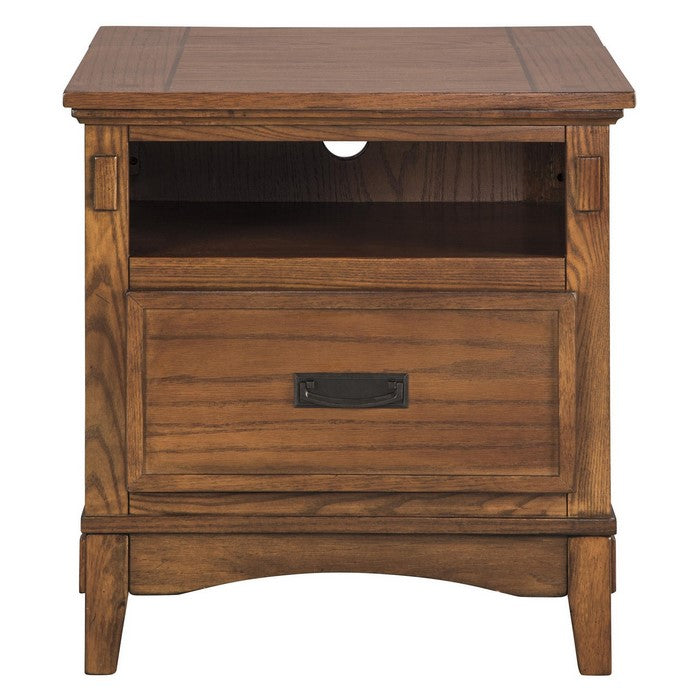 1 Drawer Wooden End Table with 1 Storage Cubby and Power Strip, Brown