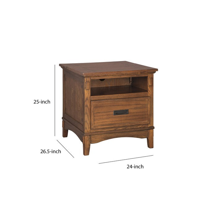 1 Drawer Wooden End Table with 1 Storage Cubby and Power Strip, Brown
