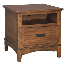 1 Drawer Wooden End Table with 1 Storage Cubby and Power Strip, Brown