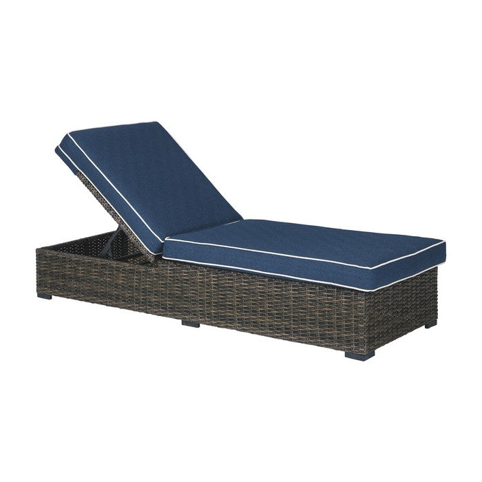Handwoven Wicker Frame Chaise Lounge with Cushion Seat, Brown and Blue
