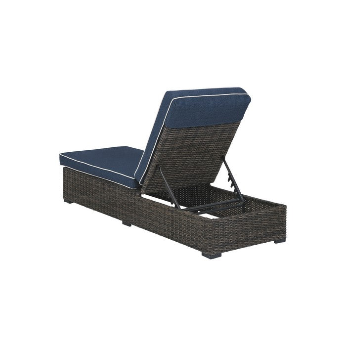 Handwoven Wicker Frame Chaise Lounge with Cushion Seat, Brown and Blue