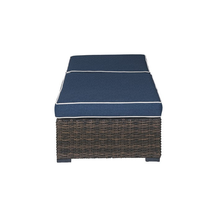 Handwoven Wicker Frame Chaise Lounge with Cushion Seat, Brown and Blue