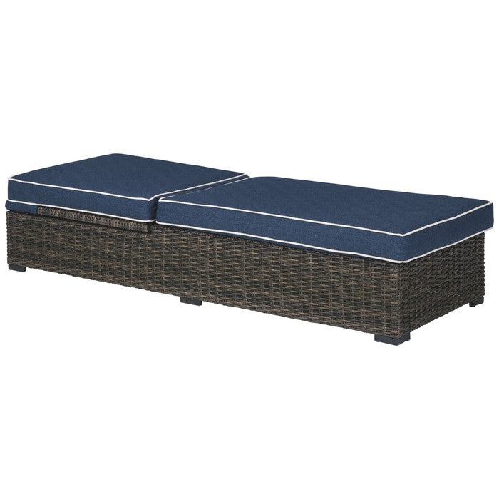 Handwoven Wicker Frame Chaise Lounge with Cushion Seat, Brown and Blue