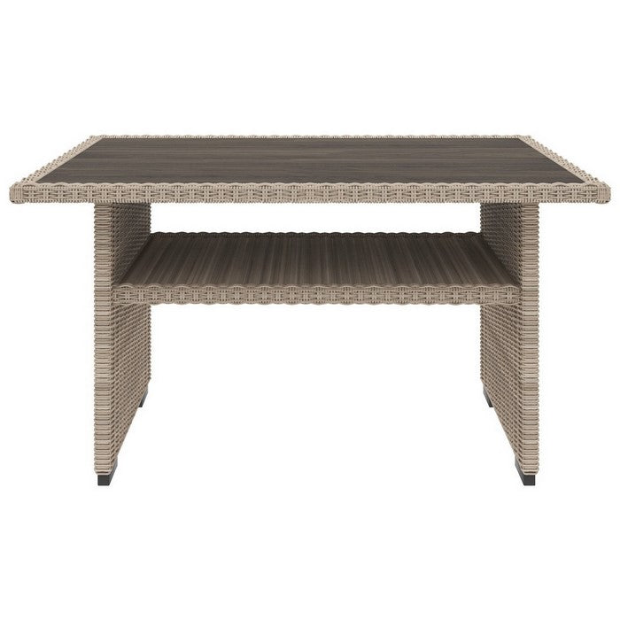 Rectangular Wicker Woven Aluminum Frame Table with Open Shelf, Beige