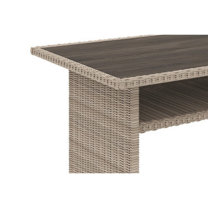 Rectangular Wicker Woven Aluminum Frame Table with Open Shelf, Beige
