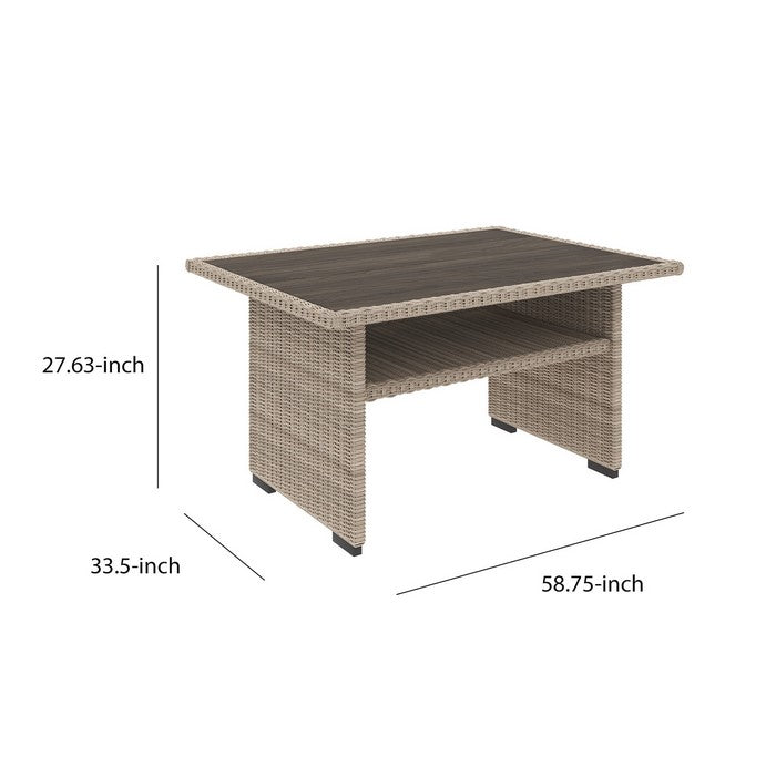 Rectangular Wicker Woven Aluminum Frame Table with Open Shelf, Beige