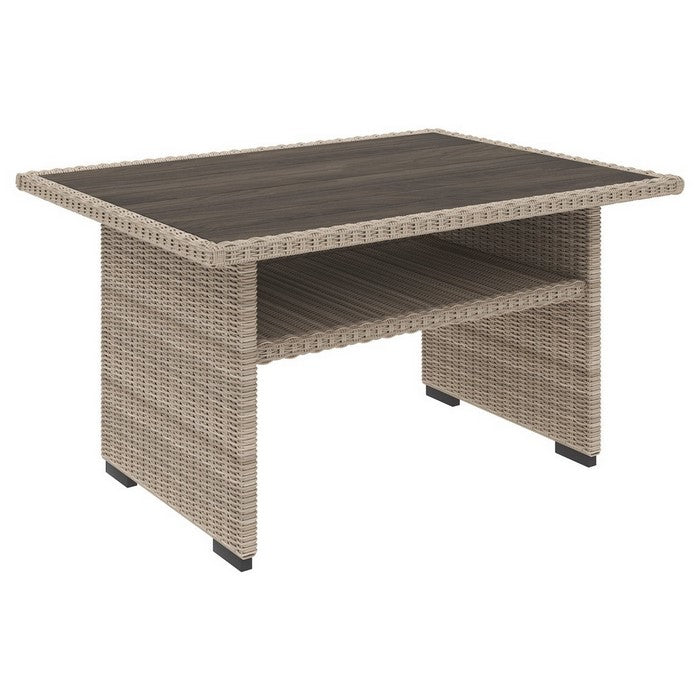 Rectangular Wicker Woven Aluminum Frame Table with Open Shelf, Beige