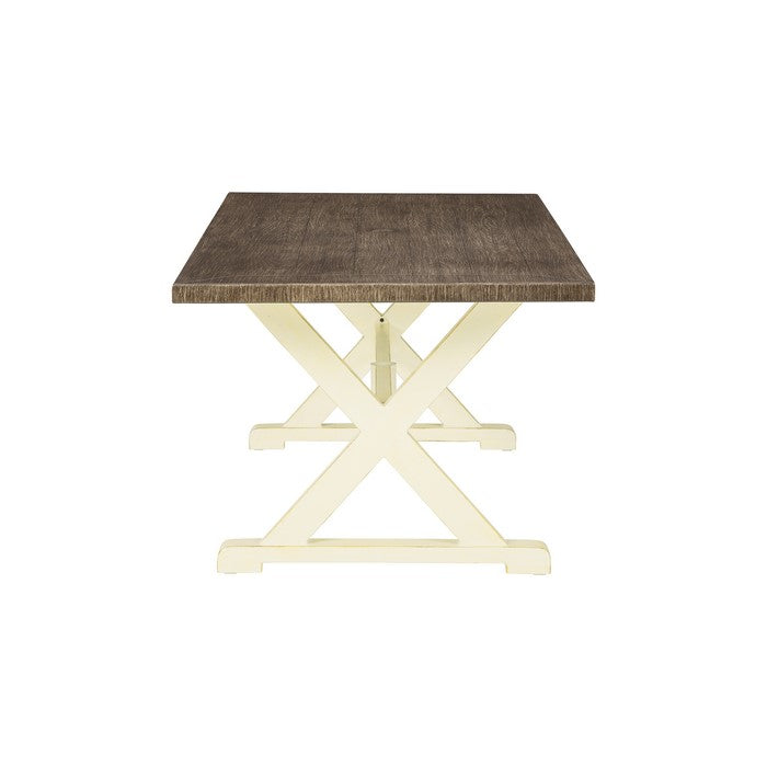Wood Like Aluminum Frame Dining Table with X Legs, Brown and White