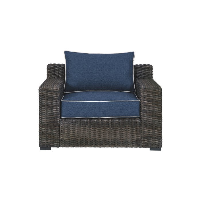 Resin Wicker Woven Lounge Chair with Track Armrests, Blue and Brown
