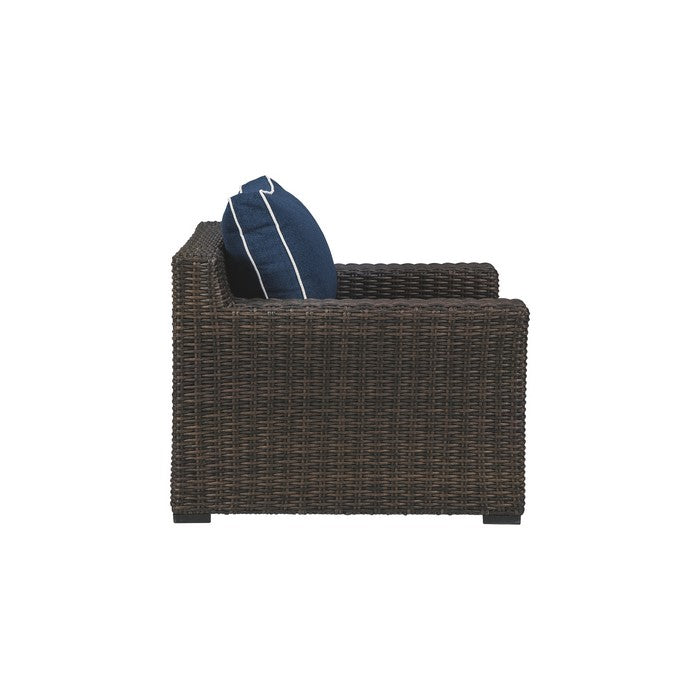 Resin Wicker Woven Lounge Chair with Track Armrests, Blue and Brown