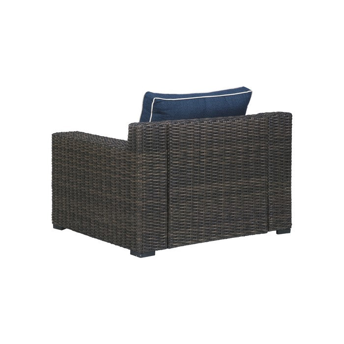 Resin Wicker Woven Lounge Chair with Track Armrests, Blue and Brown