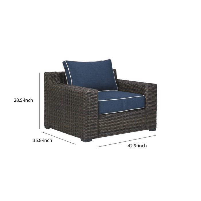 Resin Wicker Woven Lounge Chair with Track Armrests, Blue and Brown