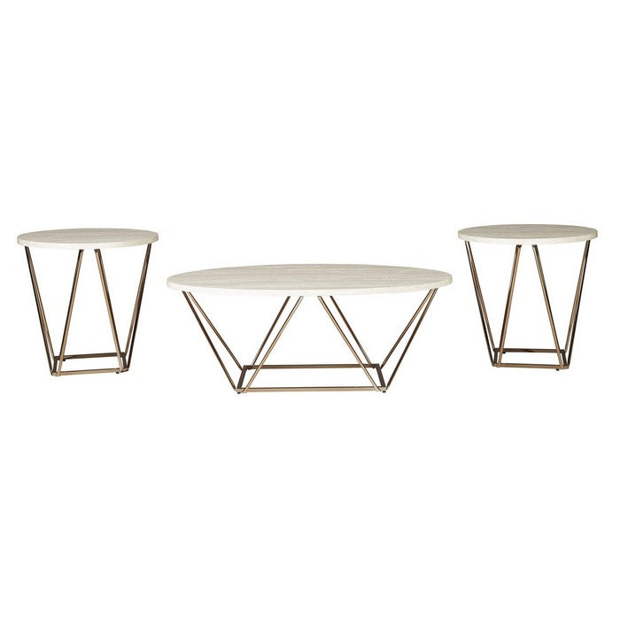 Faux Marble Table Set with 1 Coffee Table and 2 End Tables, White and Gold