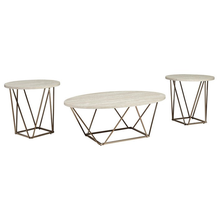 Faux Marble Table Set with 1 Coffee Table and 2 End Tables, White and Gold