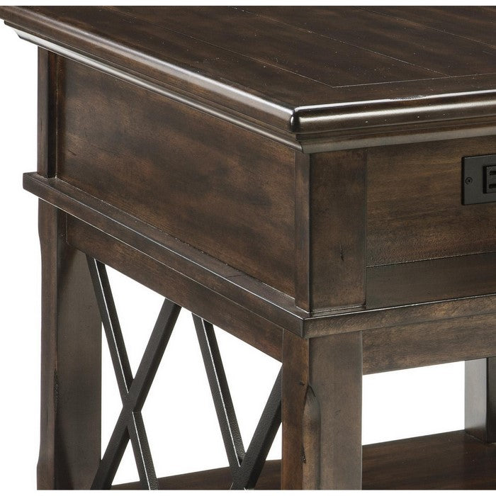 Two Tone Double X Shaped End Table with Power Hub, Brown and Black
