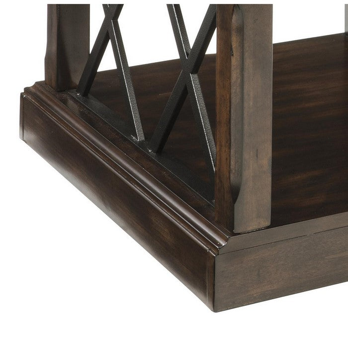 Two Tone Double X Shaped End Table with Power Hub, Brown and Black