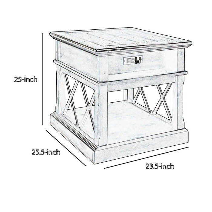 Two Tone Double X Shaped End Table with Power Hub, Brown and Black