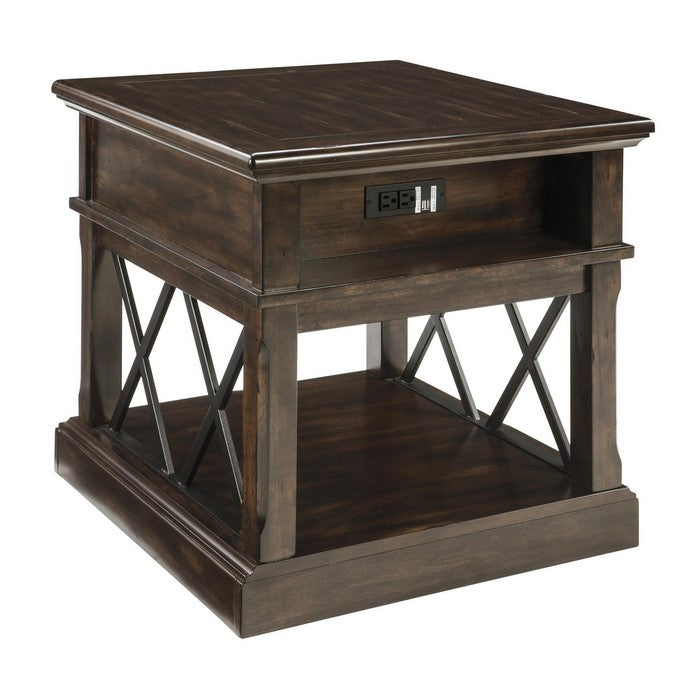 Two Tone Double X Shaped End Table with Power Hub, Brown and Black