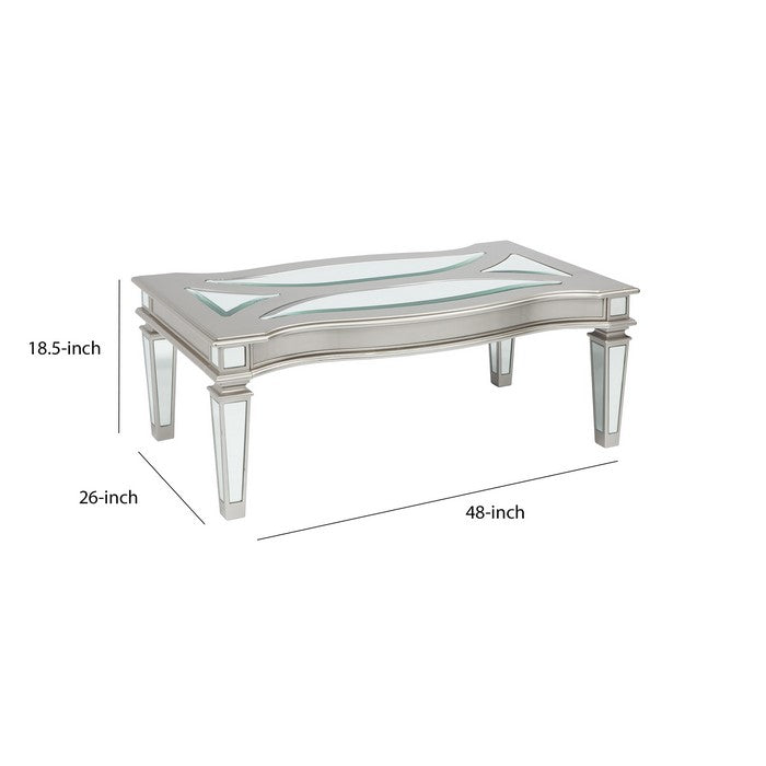 Rectangular Wooden Cocktail Table with Mirror Inserts, Silver