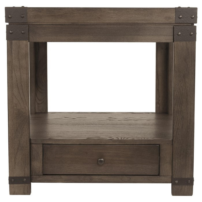 1 Drawer Wooden End Table with Open Bottom Shelf and Metal Accents, Brown