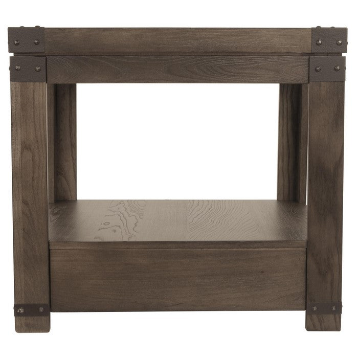 1 Drawer Wooden End Table with Open Bottom Shelf and Metal Accents, Brown