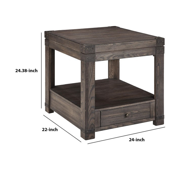 1 Drawer Wooden End Table with Open Bottom Shelf and Metal Accents, Brown