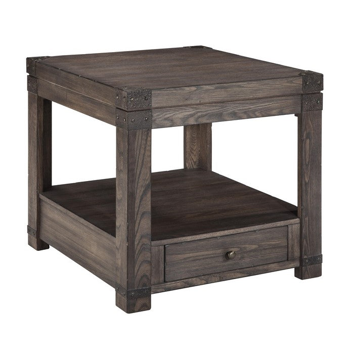 1 Drawer Wooden End Table with Open Bottom Shelf and Metal Accents, Brown