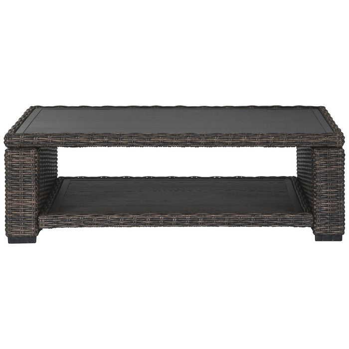 Wicker Woven Aluminum Frame Cocktail Table with Open Shelf, Brown and Black