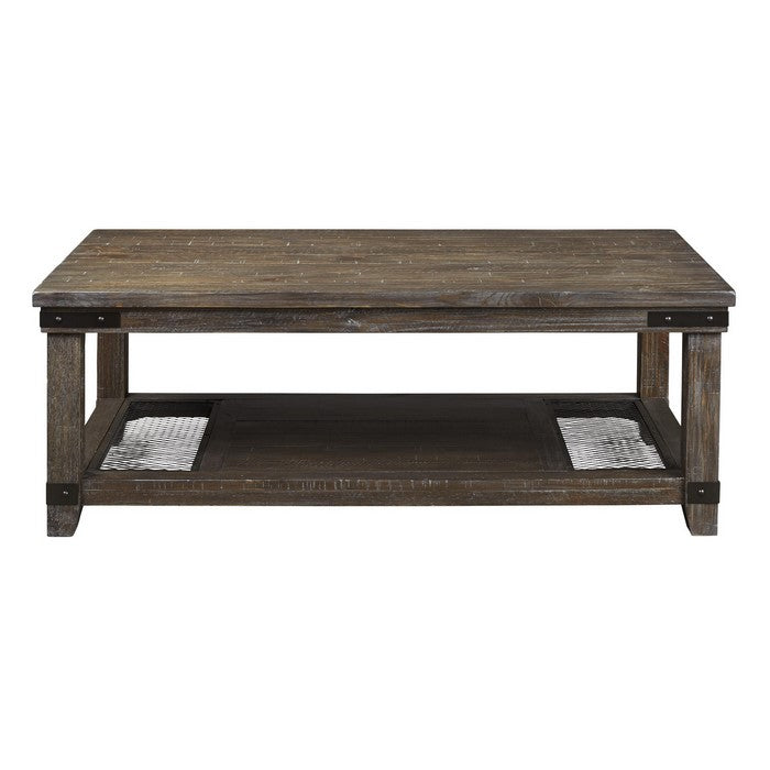 Rectangular Wire Brushed Cocktail Table with Open Shelf, Brown
