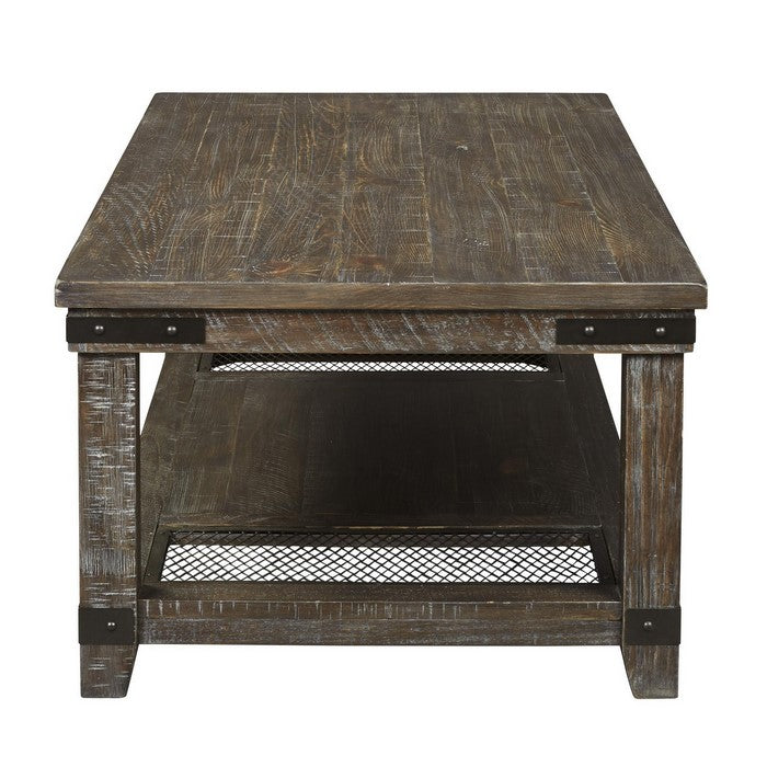 Rectangular Wire Brushed Cocktail Table with Open Shelf, Brown