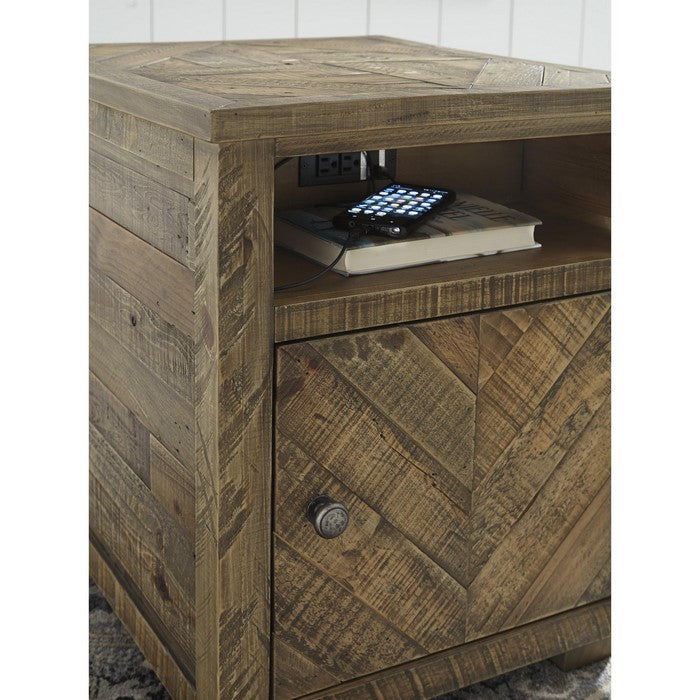 Chevron Plank Style Wooden End Table with 1 Cabinet and Power Strip, Brown