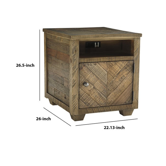 Chevron Plank Style Wooden End Table with 1 Cabinet and Power Strip, Brown