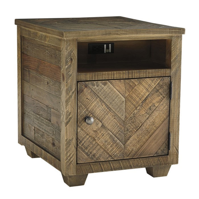 Chevron Plank Style Wooden End Table with 1 Cabinet and Power Strip, Brown