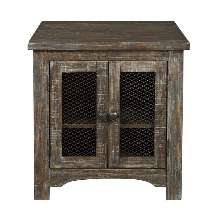 Wooden End Table with Wire Mesh Cabinet and Adjustable Shelf, Brown