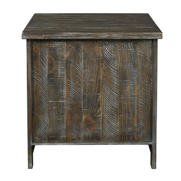Wooden End Table with Wire Mesh Cabinet and Adjustable Shelf, Brown