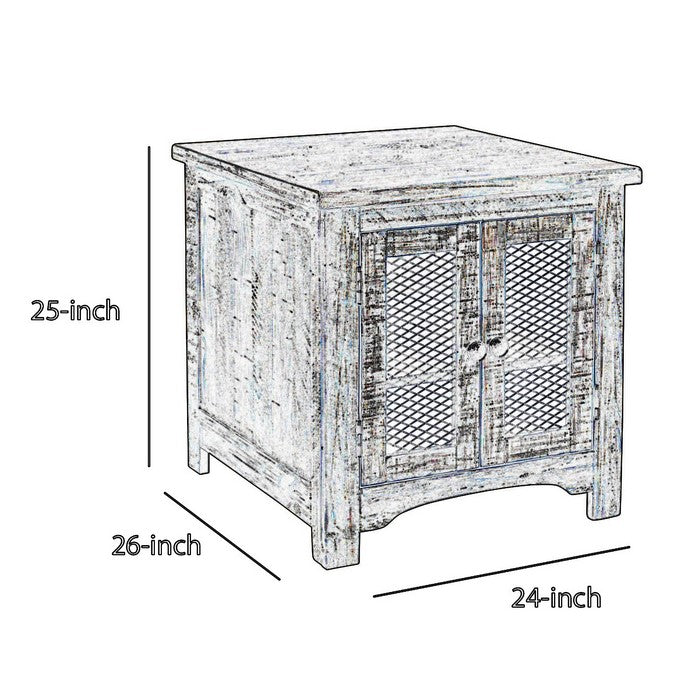 Wooden End Table with Wire Mesh Cabinet and Adjustable Shelf, Brown