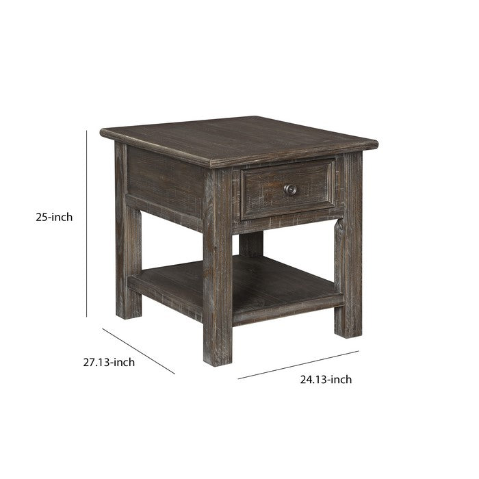 1 Drawer Rustic Wooden End Table with Open Bottom Shelf, Brown