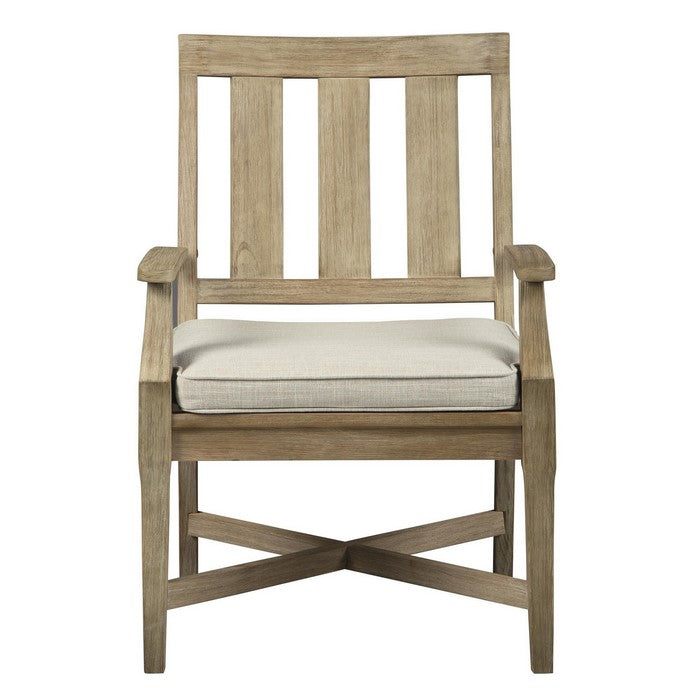 Wooden Armchair with Slatted Back and Fabric Seat, Set of 2, Beige