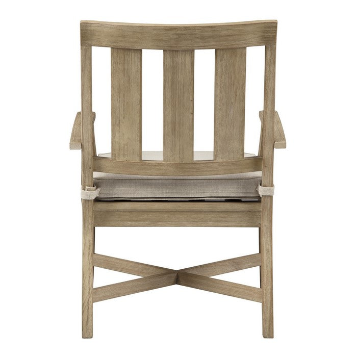 Wooden Armchair with Slatted Back and Fabric Seat, Set of 2, Beige
