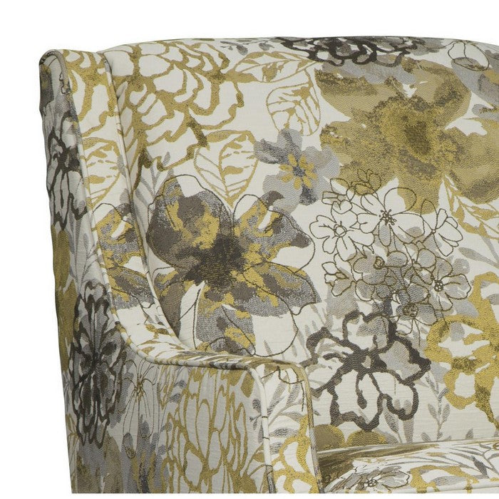 Fabric Upholstered Wooden Accent Chair with Floral Print, Black and Yellow