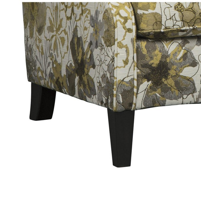 Fabric Upholstered Wooden Accent Chair with Floral Print, Black and Yellow
