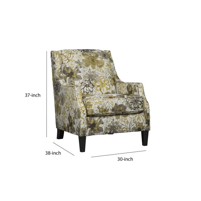 Fabric Upholstered Wooden Accent Chair with Floral Print, Black and Yellow