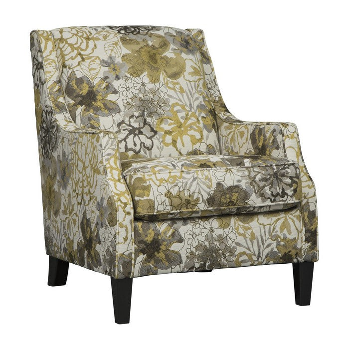 Fabric Upholstered Wooden Accent Chair with Floral Print, Black and Yellow