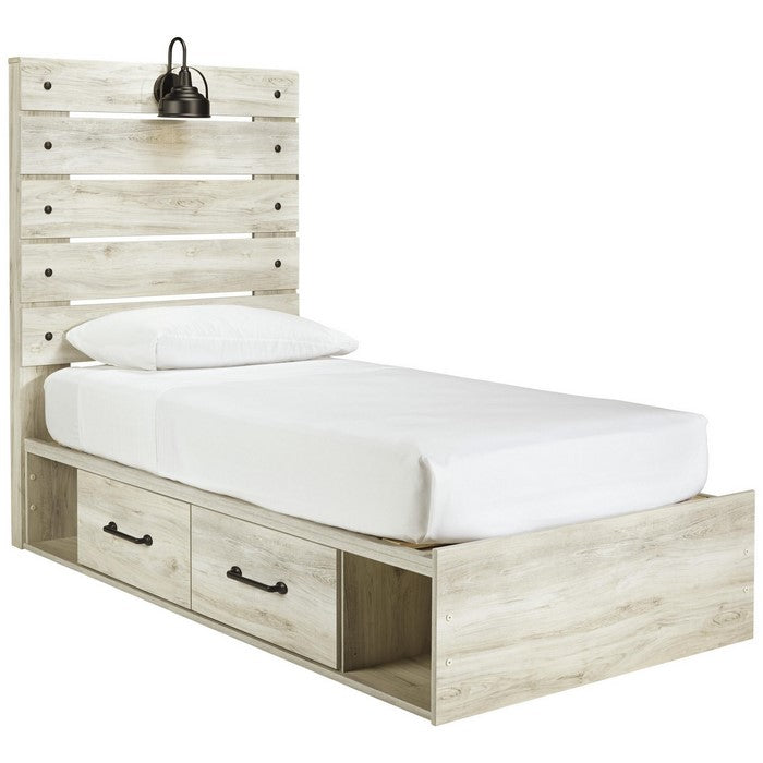 Transitional Wooden Twin Panel Headboard with Slated Design and Lamp, White