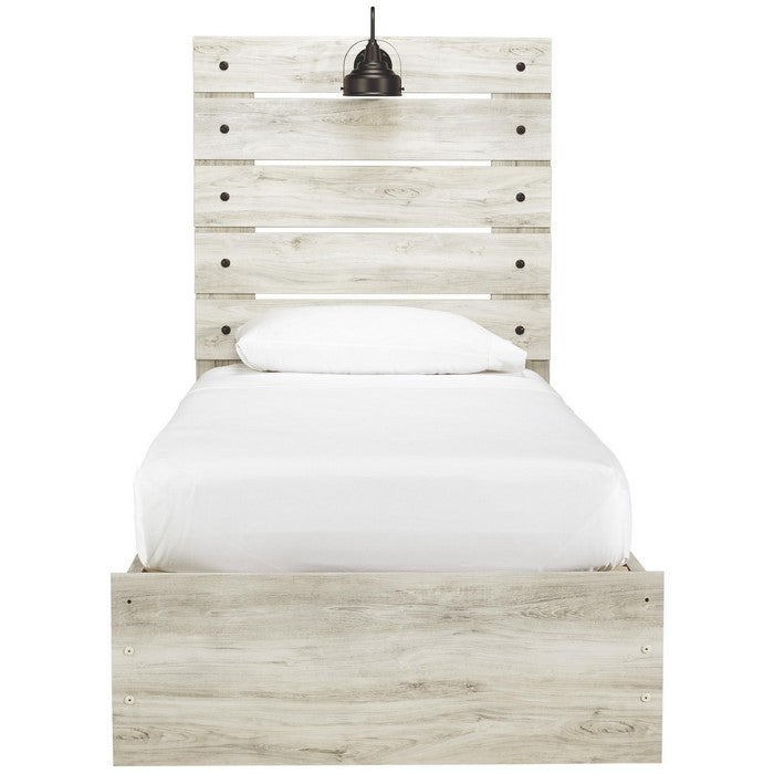 Transitional Wooden Twin Panel Headboard with Slated Design and Lamp, White