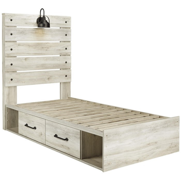 Transitional Wooden Twin Panel Headboard with Slated Design and Lamp, White