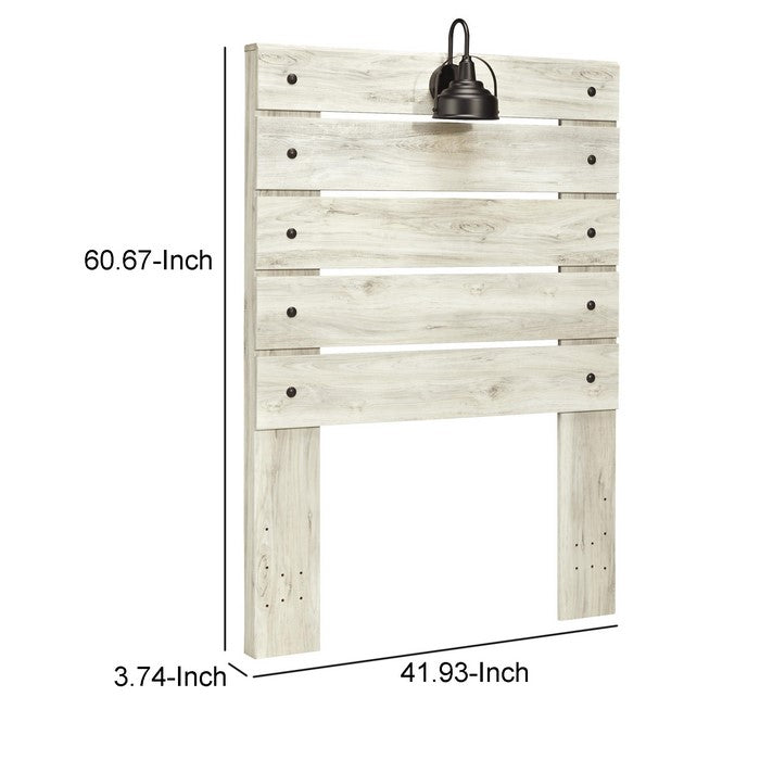 Transitional Wooden Twin Panel Headboard with Slated Design and Lamp, White